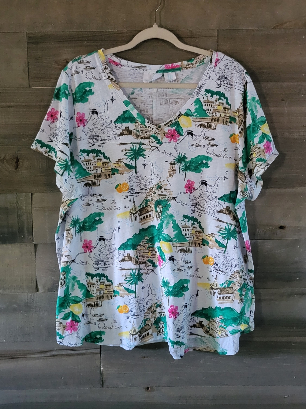 Cynthia Rowley 100% Cotton Amalfi Coast Themed Top 3X V Neck
